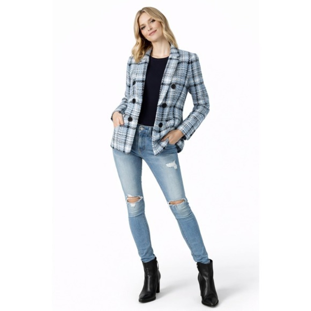 Jones‎ New York Plaid Double Breasted Blazer Light Blue Black White Jacket  PL - Picture 10 of 10